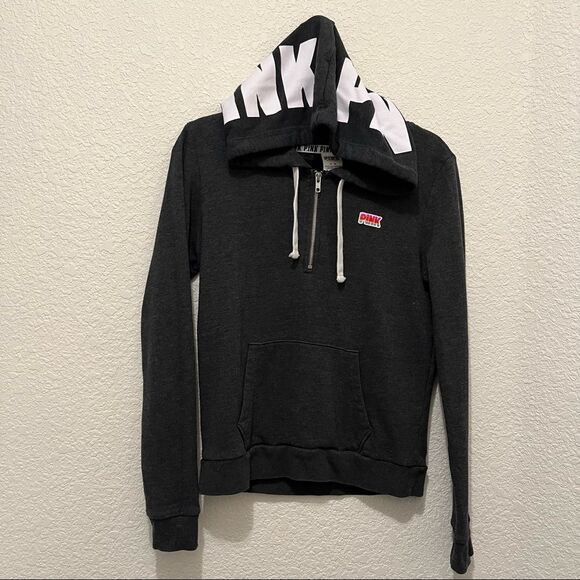 PINK Victoria's Secret Spell Out Logo Hoodie 1/4 Zip Pullover Gray Womens Sz M - Picture 7 of 11